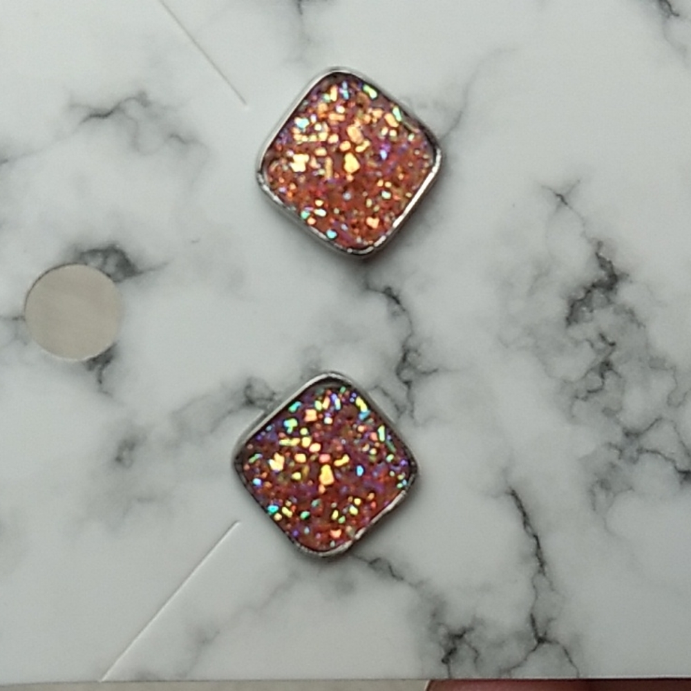 Stainless Steel Druzy Stud Earrings Square Shape Peach w Silver (8)